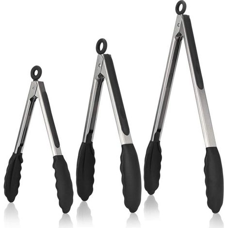 Juego 3 pinzas barbacoa, fabricadas acero inoxidable 18/8 mango silicona resistente calor (315 ℃), revestimiento antiadherente libre BPA (negras) (1/5)