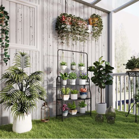 MEUBLIV Support pour plantes 75x25x137 cm noir – 3 niveaux avec barre suspendue (1/5)