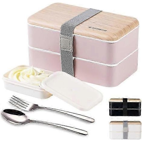 Boîte à lunch Bento avec séparateur, fourchette et cuillère en acier inoxydable de style japonais (rose) (1/5)