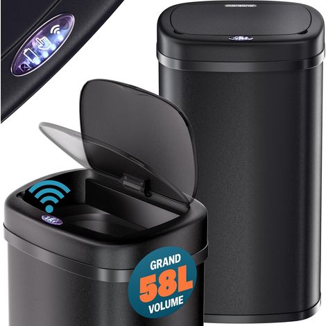 Poubelle automatique 58 L – Acier inoxydable noir – Capteur de mouvement – Fermeture silencieuse – USB/batterie – Affichage LED – Cuisine/bureau (1/5)