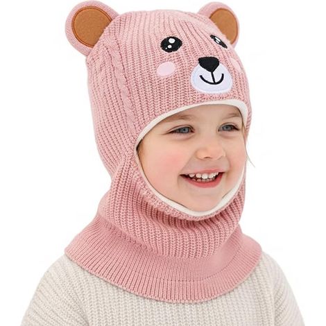 Cagoule pour enfant (fille/garçon) de 6 à 12 ans, ensemble bonnet et cache-cou tricotés pour bébé, bonnet d'hiver, écharpe, capuche, doublure polaire douce et thermique, protège-oreilles pour tout-pet (1/5)