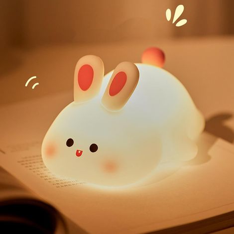 Lámpara táctil de silicona con forma de conejo, pequeña luz nocturna de conejo, luz nocturna infantil de conejo con cara grande, luz nocturna suave y linda con textura de animal.
