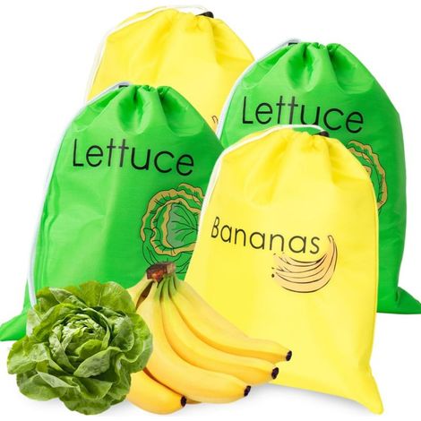 Sacs de conservation pour fruits et légumes, réutilisables avec cordon de serrage, pour bananes et laitues, jaunes et verts (lot de 4). (1/5)