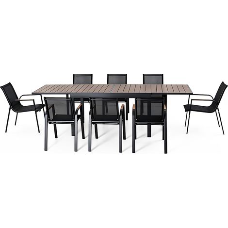 8-Sitzer-Gartenmöbelgarnitur mit ausziehbarem Tisch (270 cm) aus Aluminium und Holz LOBOC