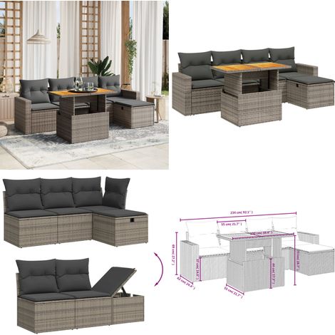 Salon de jardin 6 pcs avec coussins gris résine tressée - Ensemble Salon De Jardin - Mobilier Extérieur - Résine Tressée - Rotin Synthétique - Table Extensible - Home & Living (1/5)