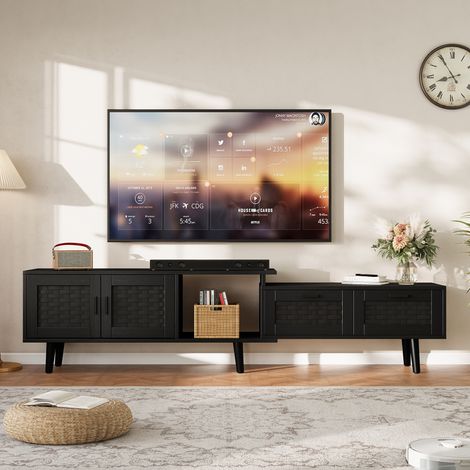 TV Lowboard aus Holz ausziehbar 146–180 cm, TV Möbel mit 2 Türen und Rattan-Schubladen, Rustikaler Stil, Schwarz
