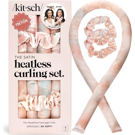 Ensemble de bigoudis sans chaleur - Bigoudi satiné sans chaleur, bigoudi sans chaleur pour cheveux longs et courts, boucles de nuit avec 2 chouchous satinés et tige de brushing - Sunset Tie Dye