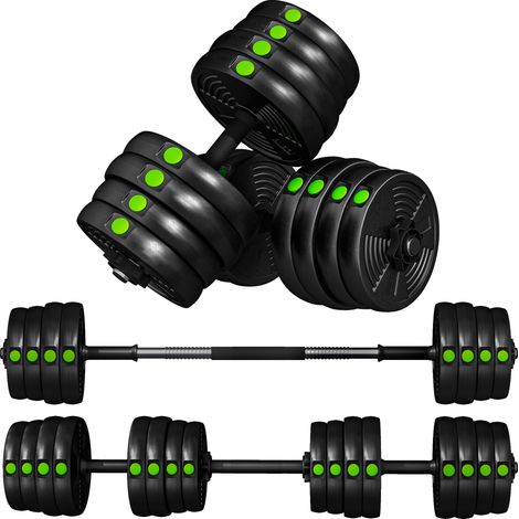 2-in-1 Hantel-Set, Lang- & Kurzhantel, 30 kg, rutschfest, bodenschonend, Schwarz/Grün (1/5)