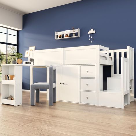 Lit mezzanine enfant multifonctionnel avec bureau escamotable et compartiment de rangement latéral, armoire, tiroir, escalier et placard sous l'escalier, sans matelas, MDF, blanc 90200, garantie 2...