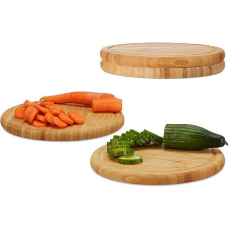 Relaxdays Bambus-Frühstücksbrett-Set, 4-teilig, 25 cm rundes Schneidebrett/Servierbrett, Natur