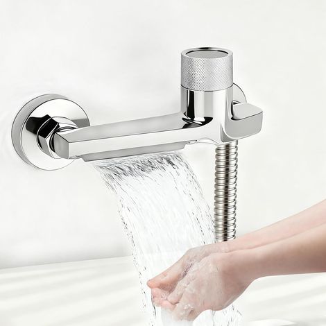Robinet de baignoire cascade avec thermostat 2 sorties, robinet de douche avec bouton de sécurité, robinet de baignoire, mitigeur de douche, montage mural, pour baignoire et salle de bain (1/5)