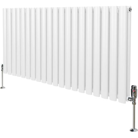 Radiatore a colonna ovale 600 mm x 1200mm e valvole cromate TRV Designer Doppio pannello Termosifone Bianco Acciaio Orizzontale Inclusi Spazzola per la pulizia Kit di fissaggio e staffe (1/5)