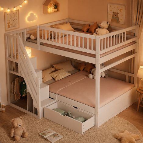 Lit superposé 140x200cm-escalier avec rangements-tiroir Lit enfant avec garde corps hauts-sommiers à lattes-sans matelas-Bois-Blanc (1/5)