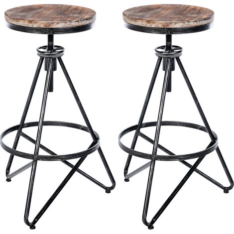 Juego de 2 taburetes de bar regulables en madera maciza y metal plateado - Estilo taller industrial vintage 100006175