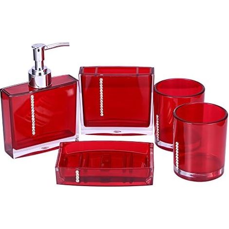 Ensemble Accessoires de Salle de Bain, 5 Pièces, Acrylique, Rouge, Style Moderne, Distributeur Savon, Porte Brosse à Dents, Porte-Savon, 2 Tasses (1/5)