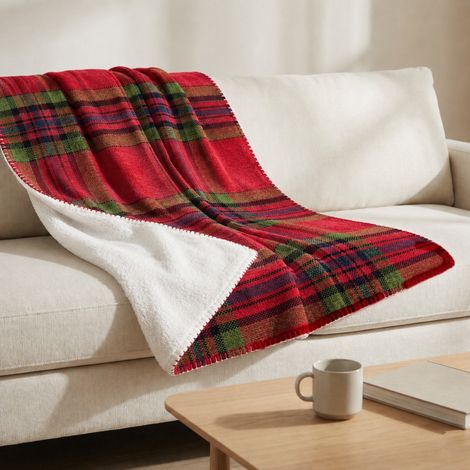 Plaid Coperta Scozzese Matrimoniale 210x230 Rosso con Sherpa, 100% Poliestere, Copriletto Divano (1/5)