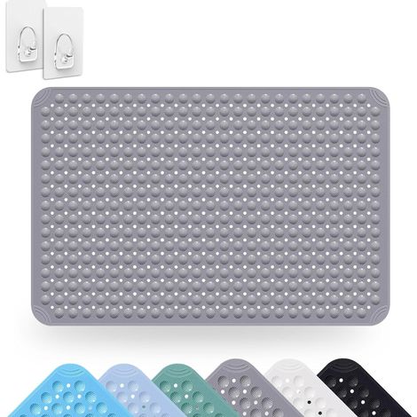 Tapis de douche antidérapant 80 x 120 cm avec ventouses et trous de drainage, lavable en machine, en PVC, tapis de massage antidérapant pour douche, avec 2 crochets, gris (1/5)