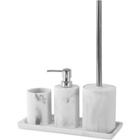 Set accessori bagno effetto marmo 4 pezzi con dispenser portaspazzolino portascopino e vassoio in resina Ivy