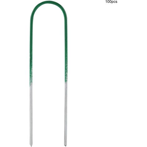 100 piquets en acier en forme de U pour gazon artificiel, idéaux pour les clôtures de jardin. (1/5)