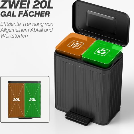 Poubelle de cuisine noire 40 L (2 x 20 L) avec pédale, tri des déchets, bac en plastique et métal (1/4)