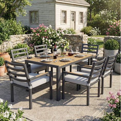 Set da giardino in ferro zincato 6 posti grigio, stile industriale con piano in legno plastico (1/5)