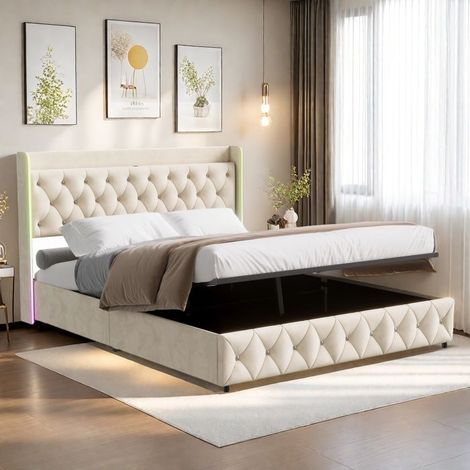 Bett 140x190 cm, Erwachsenenbett mit Lattenrost, Stauraum, Doppelbett mit integrierter LED, Veloursstoff, Beige