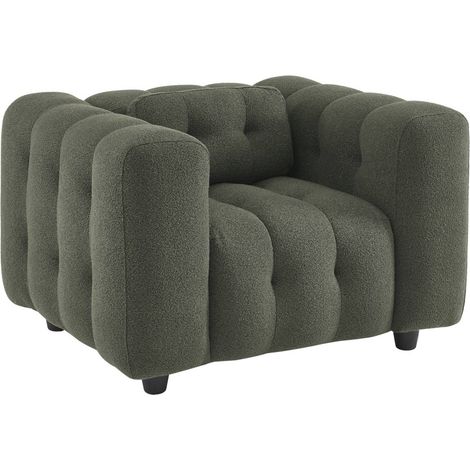 Fauteuil 1 place en bouclette texturée capitonné kaki foncé structure bois d'eucalyptus et contreplaqué (1/5)