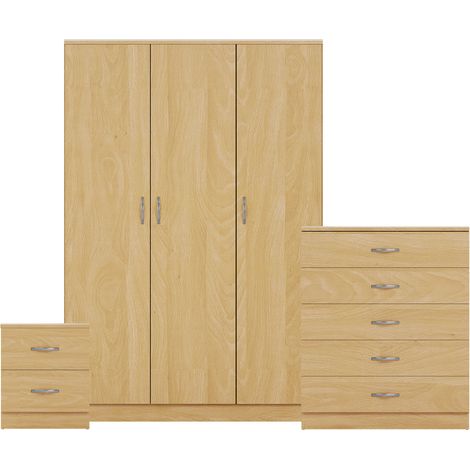 Riano 3 Piece Bedroom Set (2 Drawer Bedside Chest, 5 Drawer Chest, 3 Door Wardrobe), Pine (1/3)