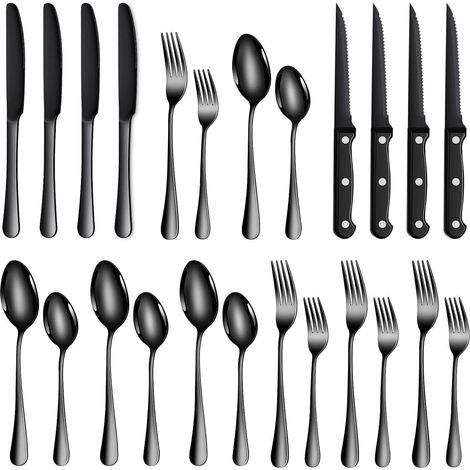 Besteck 24tlg 4 Personen Edelstahl Steakmesser Gabel Löffel Schwarz (1/5)
