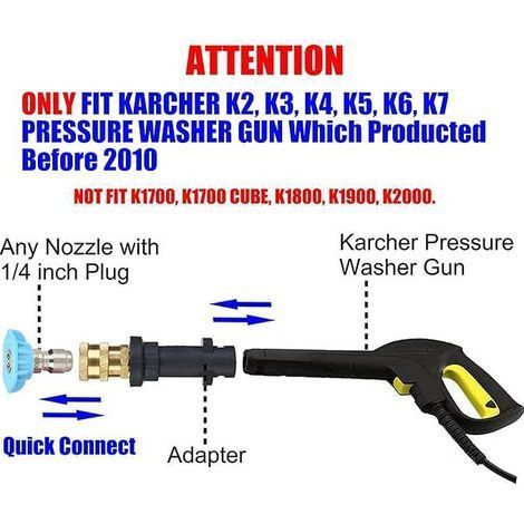 1 adaptateur de pistolet pour nettoyeur haute pression, raccord de nettoyeur, raccord de nettoyeur avec raccord rapide 1/4'' - compatible avec Karcher K2, K3, K4, K5, K6, K7 uniquement. (1/4)