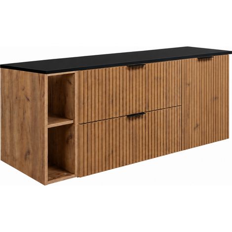 Set di mobili da bagno, 2 cassetti, 1 anta, chiusura ammortizzata, cesto portabiancheria, Rovere Craft / piano Nero, maniglie nere, 140 x 46 x 57 cm (1/5)