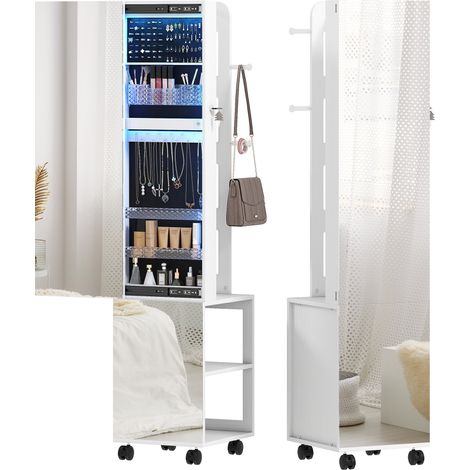 Armoire à bijoux avec miroir pivotant 360° éclairage LED 37x40x165.5cm cadre blanc doublure noire