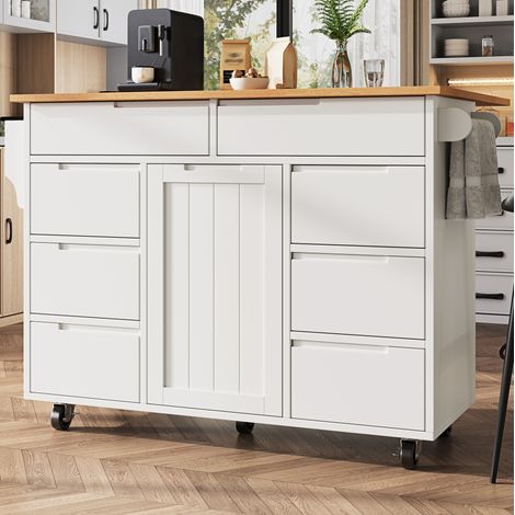 Kücheninsel 122x74.5x91.5 cm weiß aus MDF mit klappbarer Tischplatte, 8 Schubladen und Rollen (1/5)