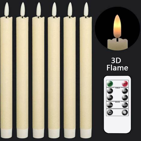 Lntyq Bougies coniques ivoires sans flamme vacillante avec télécommande à 10 touches, bougies de fenêtre à mèche 3D chaude à piles, cire véritable, lot de 6 (0,8 x 10 pouces) (1/3)