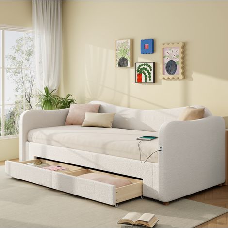 Cama nido 90x200/180x200 con 2 cajones, USB y Type-C, bouclé beige OKMYHOME (1/5)