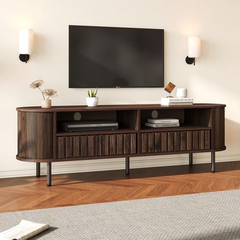 Meuble TV 160 x 40 x 48 cm, meuble bas à 2 placards, meuble de salon à 2 tiroirs, meuble TV couleur noyer, MDF, table TV, support TV à 5 pieds, compatible avec les téléviseurs jusqu'à 65 pouces. (1/5)