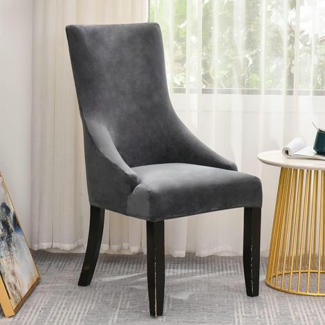 Velvet side chair cover with winged back - For kitchen, dining room, banquet decoration - Chair not included (dark grey) (1/5)