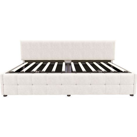 Letto imbottito 90x200 cm con contenitore idraulico, velluto beige, MODENUIT (1/5)