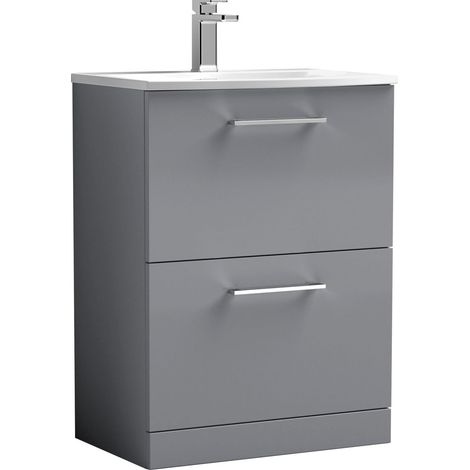 Balterley Modern Bathroom Floor Standing 2 Soft Close Drawer Vanity Unit & Curved Basin, Satin Grey, 600mm