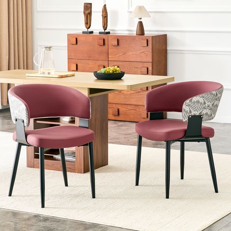 Chaises de salle à manger lot de 2, fauteuil de table rétro vintage pour cuisine et salon, en simili-cuir et tissu avec pieds en métal stables, Rouge (1/5)