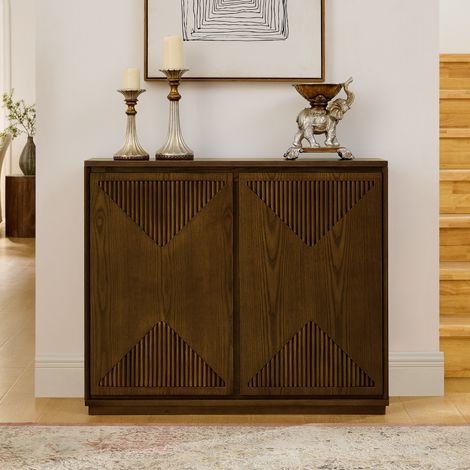 Buffet moderne en V style mid-century avec rangement, meuble étroit pour salon, entrée, cuisine ou coin café, couleur marron (1/5)