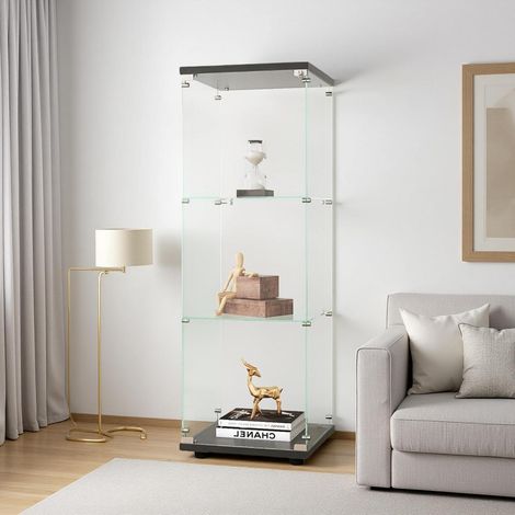 Glasvitrine mit LED, 3 Fächer, 1 Tür, gehärtetes Glas, schwarz (1/5)