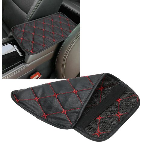 Tapis de rangement pour accoudoir de voiture, imperméable et anti-poussière, en cuir PU, avec liseré rouge sur fond noir. (1/5)