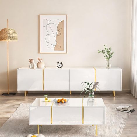 Meuble TV et table basse ensemble blanc laqué en MDF (1/5)