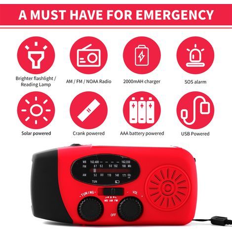 Emergency hand-crank radio with LED flashlight for AM/FM, NOAA portable 2000mAh weather dynamo power bank, USB phone charger, solar-powered camping charger (1/5)