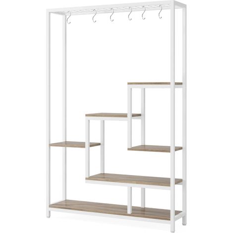 Étagère d’angle à 5 niveaux pour plantes et livres, métal blanc et bois (1/5)