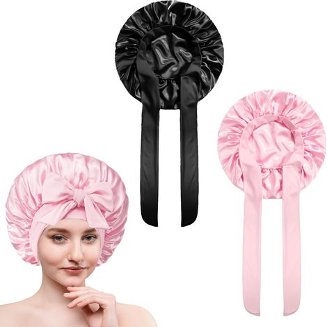 2 Pièces - Bonnet de Nuit - Bonnet en Satin - Protection des Cheveux - Bandeau Ajustable et Respirant - Pour Cheveux Longs et Frisés - Rose et Noir - 50-66cm (1/5)
