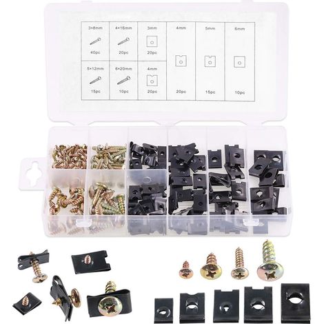 Assortiment de 170 écrous à clip en U et vis, 5 tailles, avec kit de vis de montage pour sécuriser les fils et les câbles (1/5)