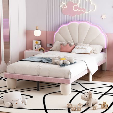 Lit rembourré 90×200cm beige/rose velours,LED multicolores,tête festonnée,pieds ronds,base lattes bois,lit simple design