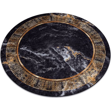 MIRO 51199.806 Kreis Waschteppich Marmor, griechisch Anti-Rutsch - schwarz / gold black rund 160 cm
